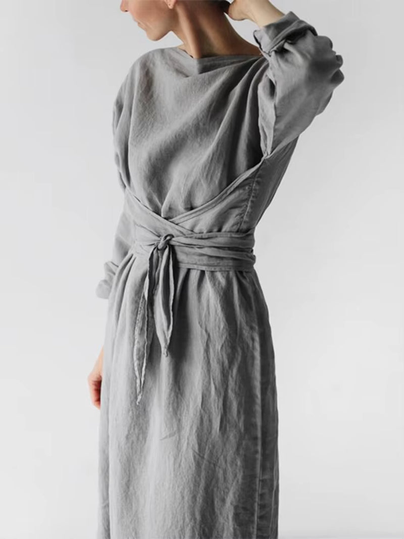 Women’s Casual Cotton Linen Maxi Dress – Lace-Up Long Sleeve Spring Fashion