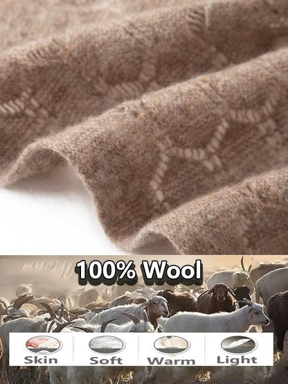 100% Merino Wool Pashmina – Hollow Out Cashmere Knitted Shawl, Luxury Dual-Purpose Scarf