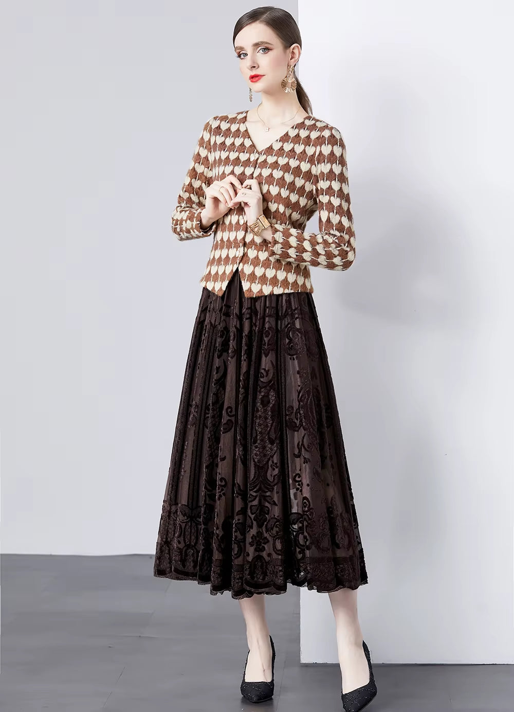 Autumn Grace: Brushed Lace Blouse & Velvet Jacquard Oversized Skirt Set