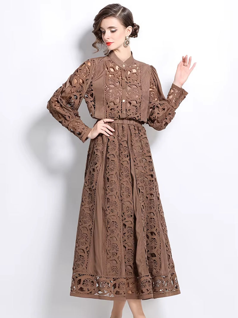  Spring Autumn Women’s Elegant Skirt Suit – Lace Patchwork Long Sleeve Top & High Waist Skirt Set