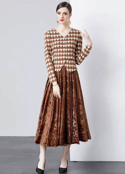 Spring Grace: Brushed Lace Blouse & Velvet Jacquard Oversized Skirt Set