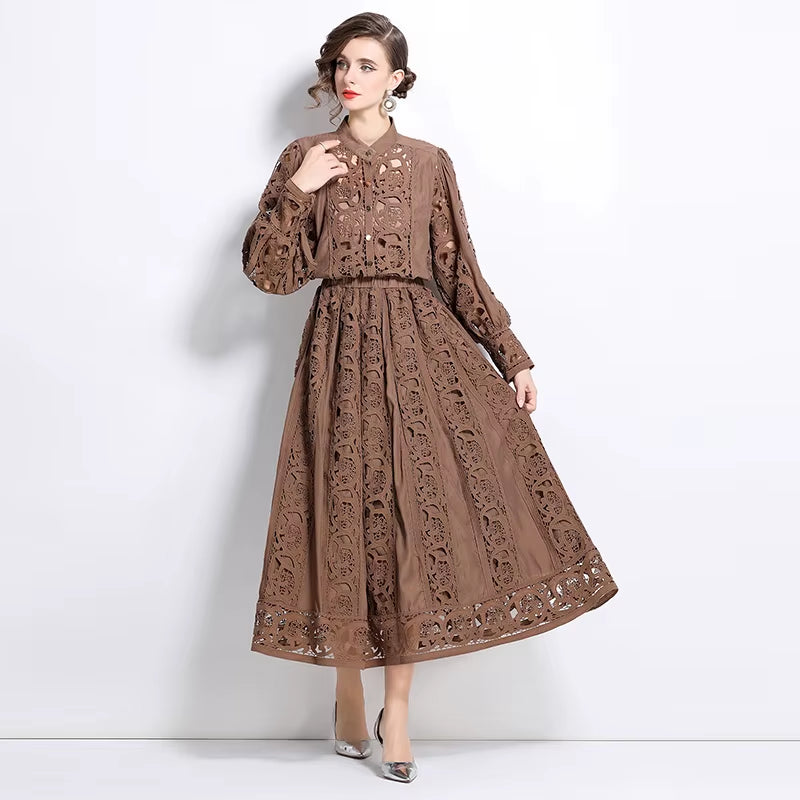  Spring Autumn Women’s Elegant Skirt Suit – Lace Patchwork Long Sleeve Top & High Waist Skirt Set