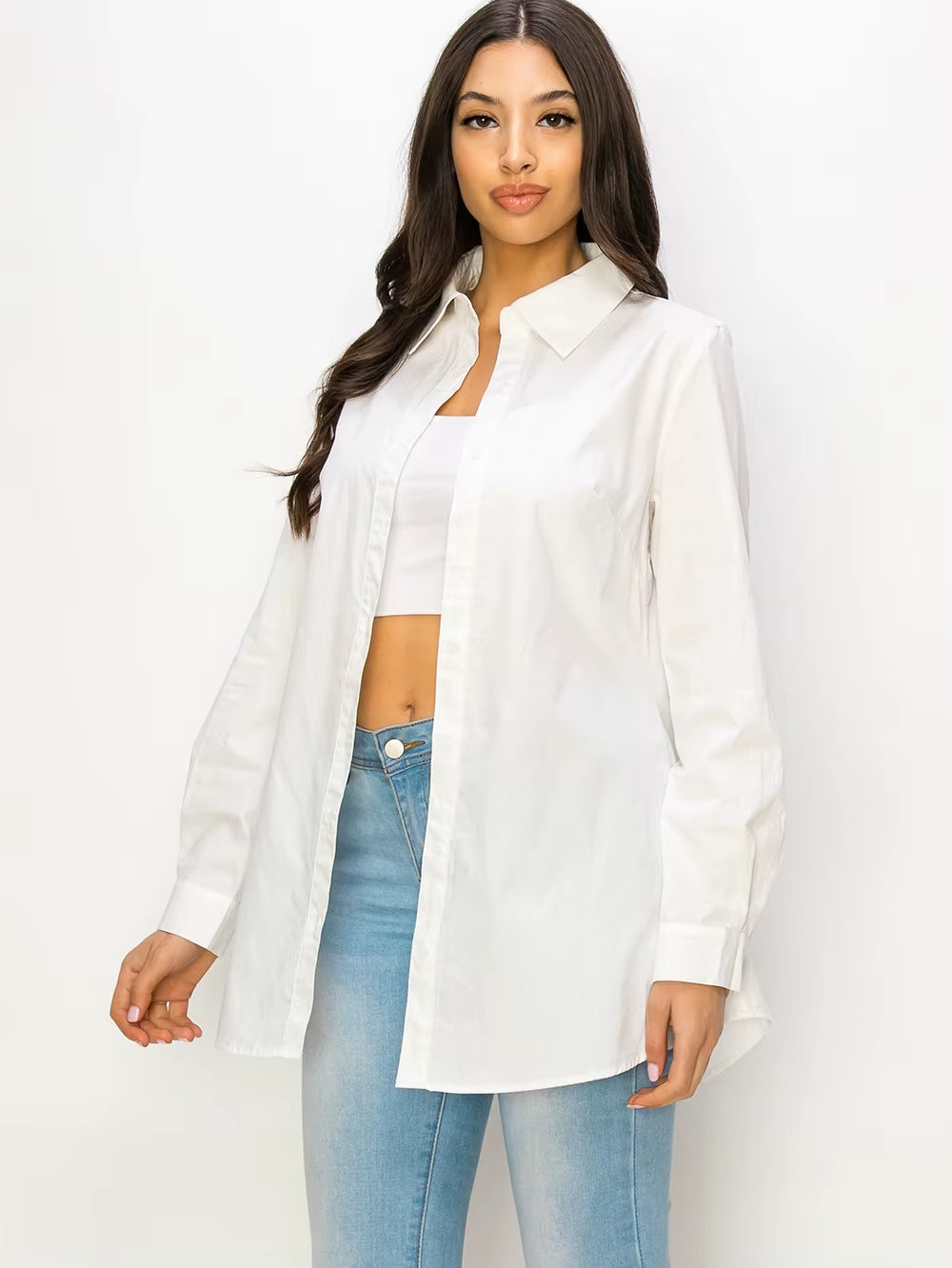 White Cotton Button-Down Shirt – Classic Long Sleeve Blouse