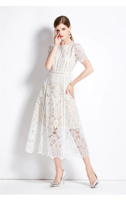 Formal White Lace Dress – Slim Fit A-Line, Short Sleeve, French Summer Style