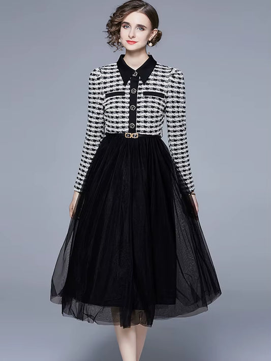 Elegant Spring Plaid Tweed Mesh Dress – Lapel, Long Sleeve, High Waist Belted Party Outfit