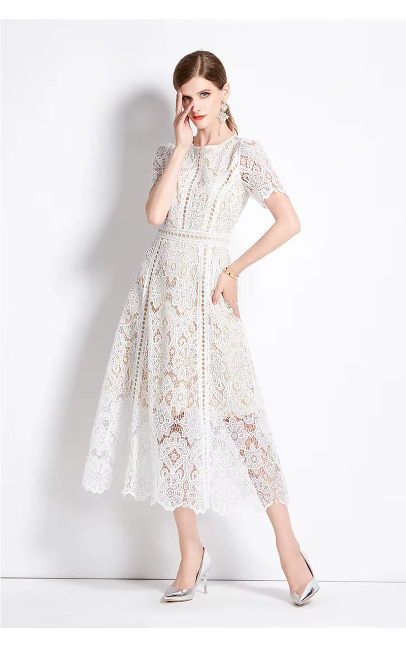 Formal White Lace Dress – Slim Fit A-Line, Short Sleeve, French Summer Style