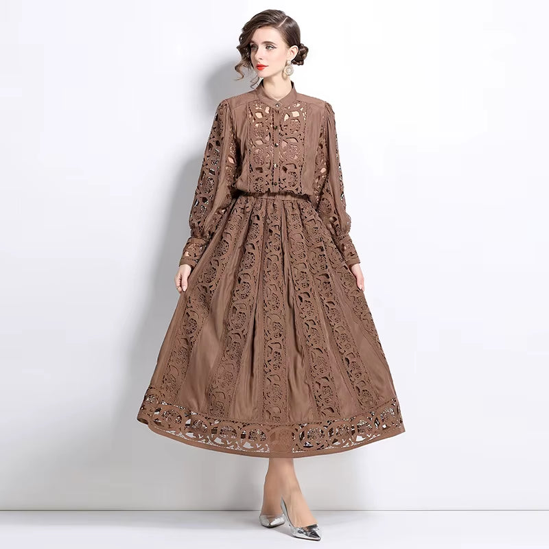  Spring Autumn Women’s Elegant Skirt Suit – Lace Patchwork Long Sleeve Top & High Waist Skirt Set