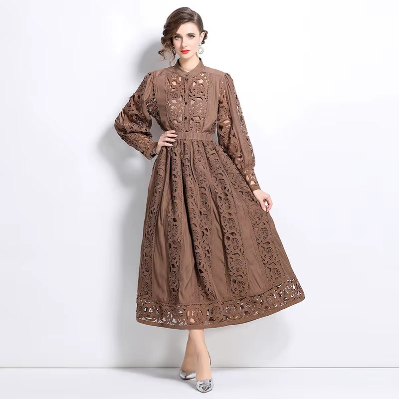  Spring Autumn Women’s Elegant Skirt Suit – Lace Patchwork Long Sleeve Top & High Waist Skirt Set