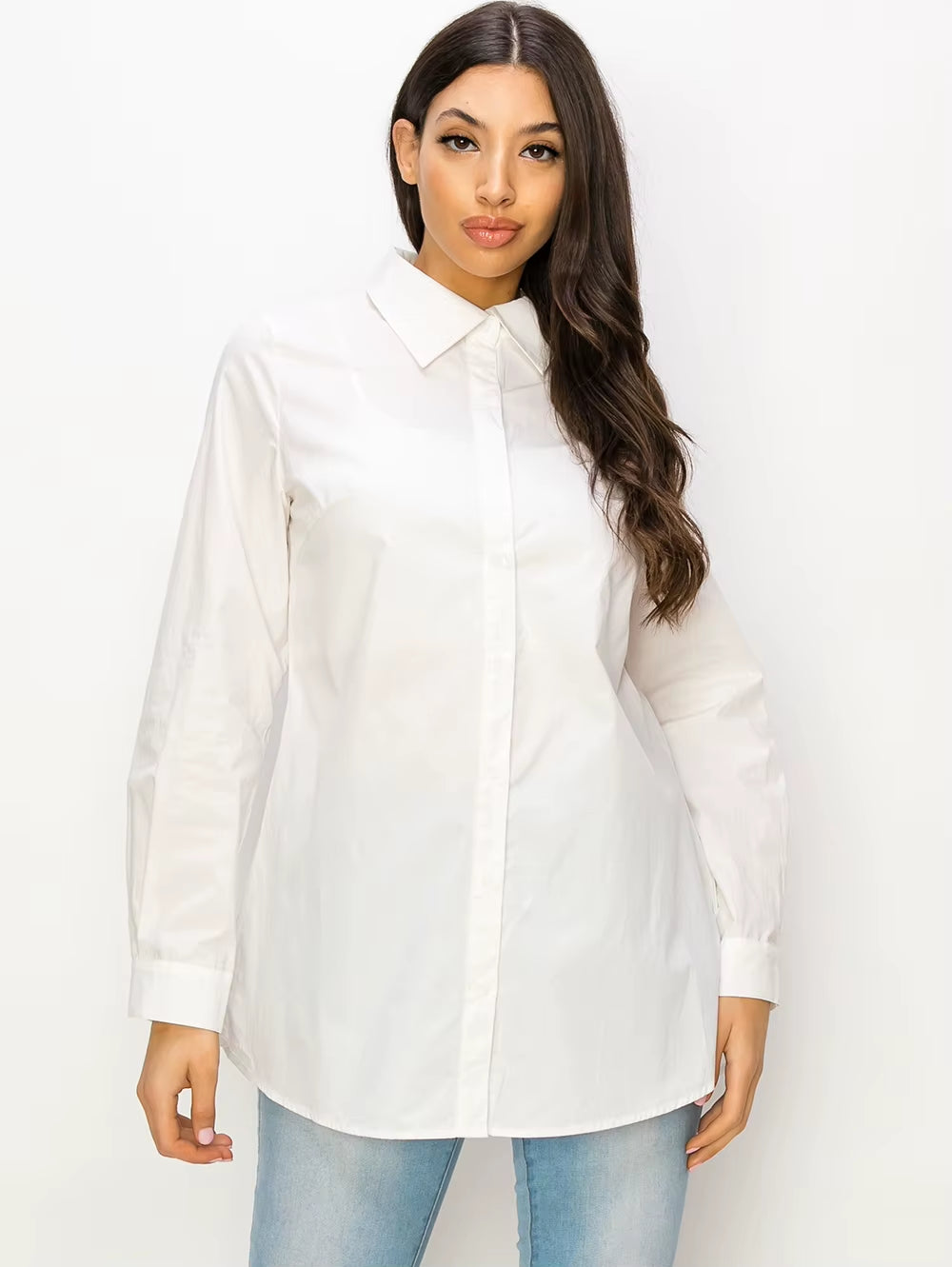 White Cotton Button-Down Shirt – Classic Long Sleeve Blouse